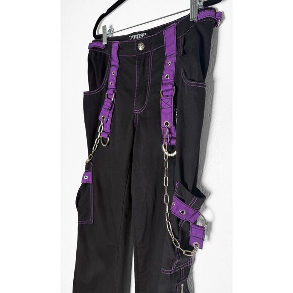 Tripp NYC Women's Y2K Streetwear Rave Bondage Black Purple Cargo Jeans Chains 5 - Picture 7 of 16